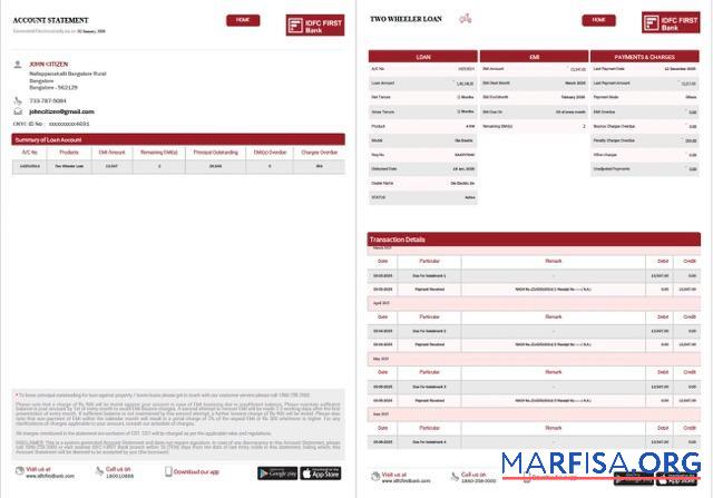 Downloadable India IDFC First bank Limited account statement word 2 pages download for verification